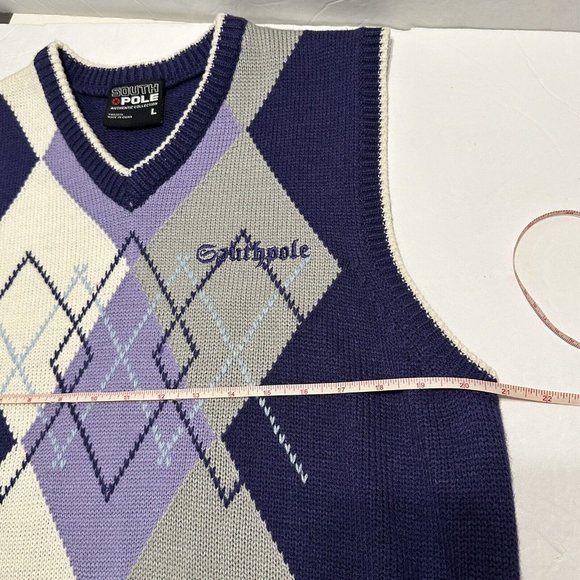 South Pole Mens Large Argyle Sweater Vest Embroidered Logo Purple Gray - Picture 3 of 5